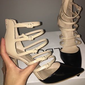 ALDO “Kieu” black and cream strappy pumps